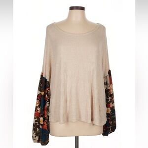 NWOT: Entro Knit Sweater Floral Ballon Sleeve Mixed Media Long Sleeve Top• Large